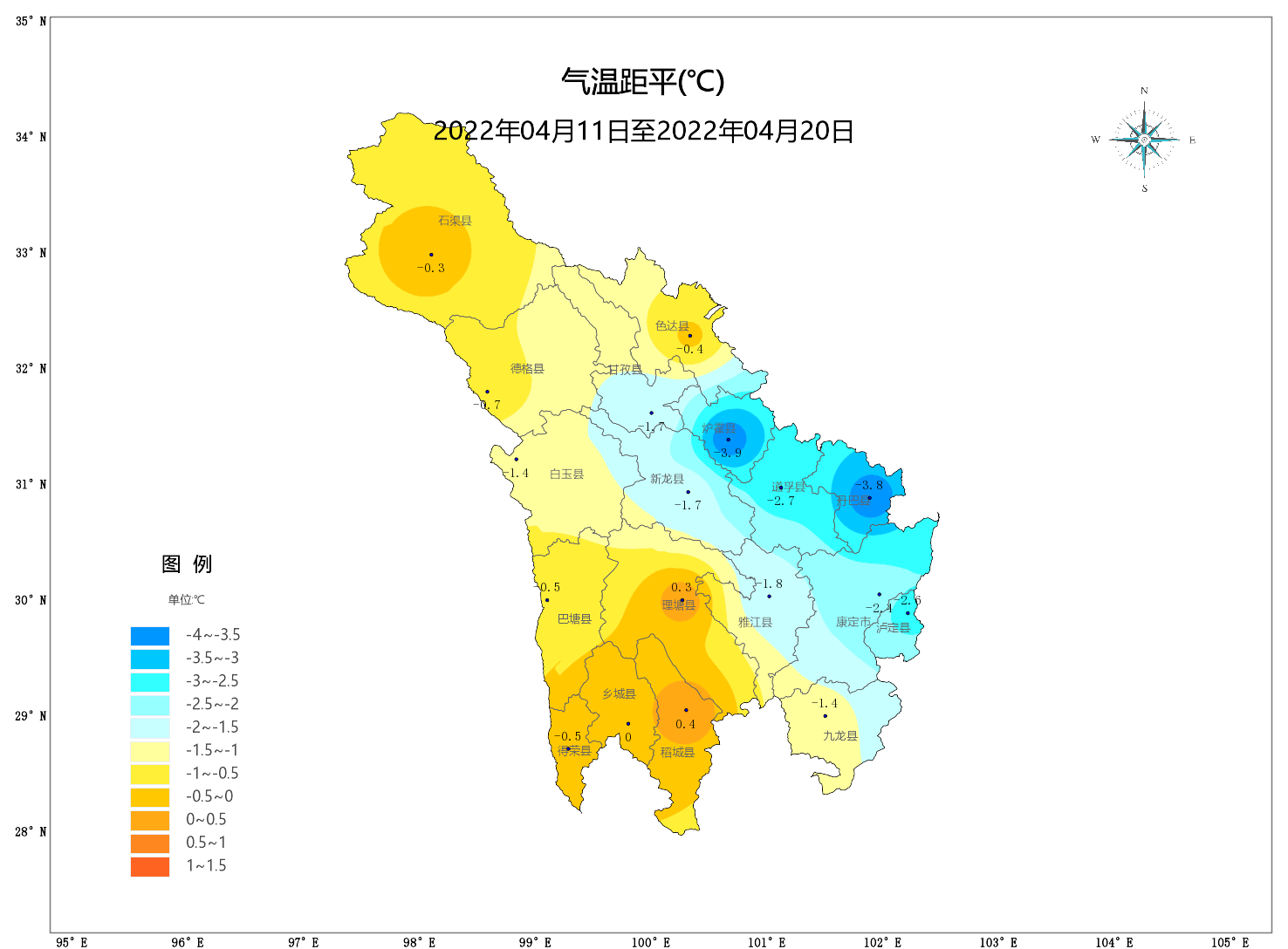 0℃,较常年同期值相比:石渠,色达,理塘,巴塘,得荣,乡城,稻城正常,其余